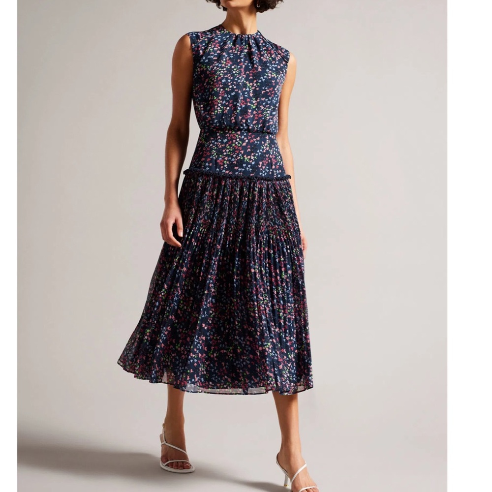 Ted Baker Coraal Abstract Print Pleated Midi Dress Size 0 US 2 Sleeveless Tiered